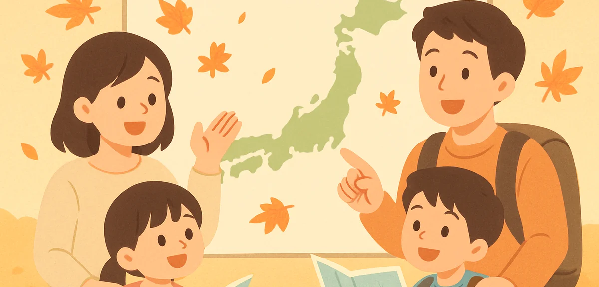 A cheerful Japanese family and travelers looking at a large map of Japan planning an autumn trip, wa