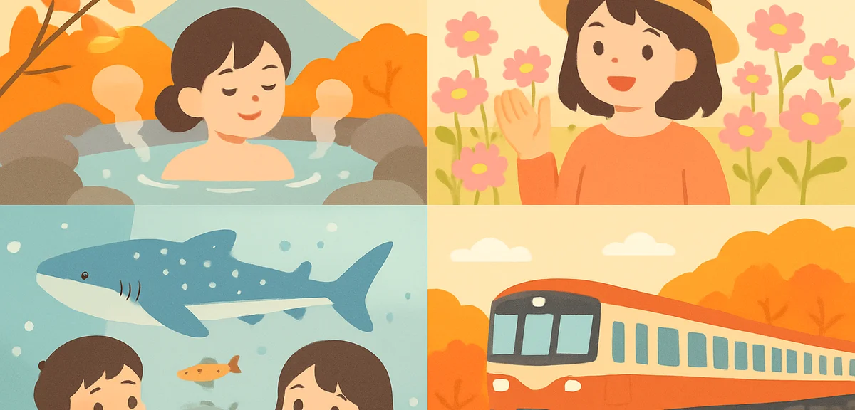 A collage-style scene of Japanese autumn leisure in late September, hot spring town, cosmos flower f