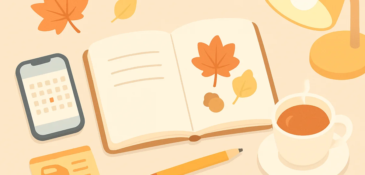 A calm desk flat lay for autumn trip planning, open notebook, smartphone showing a calendar, train t