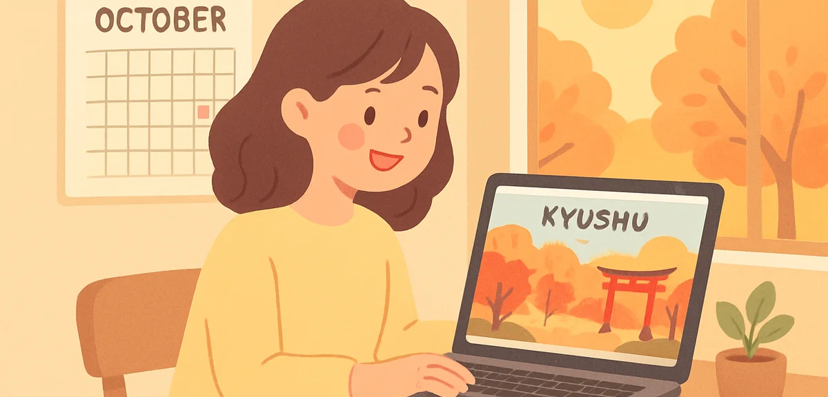 A traveler booking a Kyushu autumn trip on a laptop at home, calendar showing October, warm afternoo