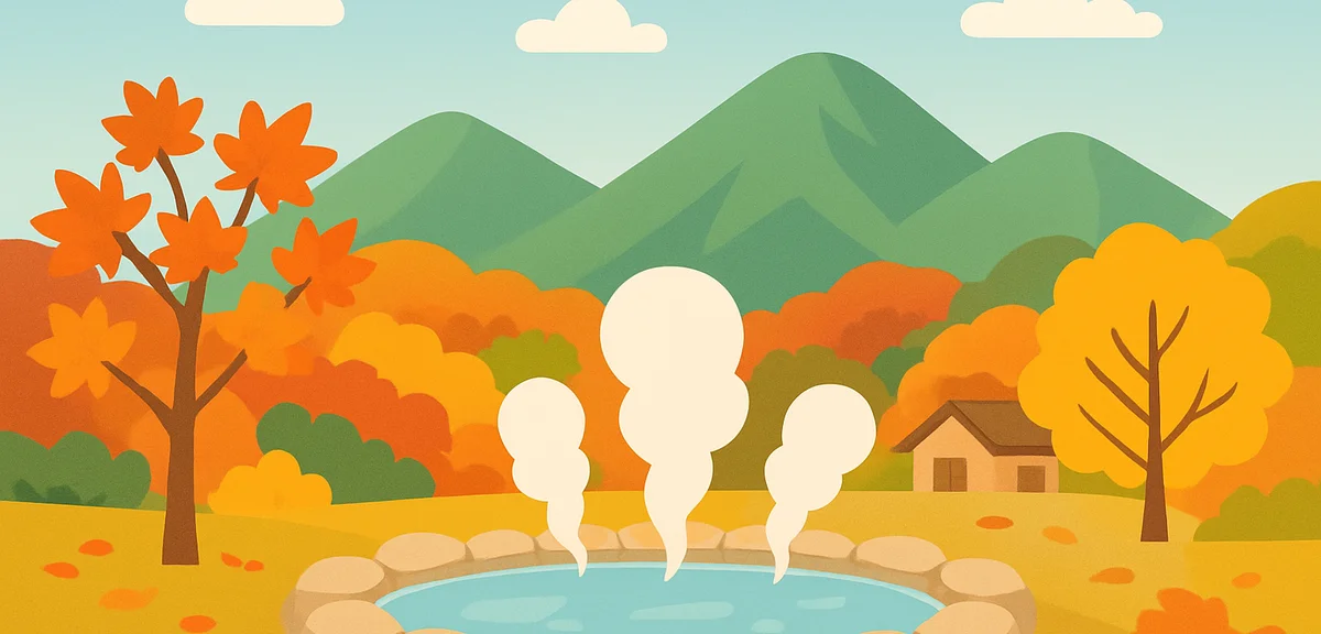 A scenic autumn landscape of Kyushu Japan with hot spring steam and green mountains under a clear Oc