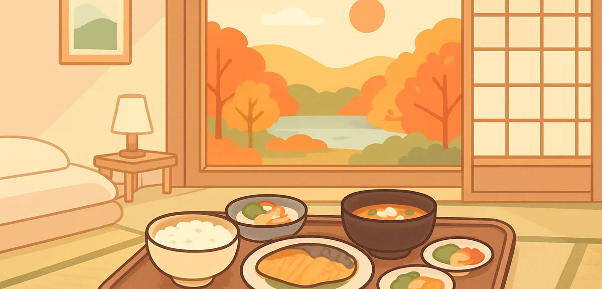 A cozy Japanese ryokan room with a tray of local Kyushu cuisine and a view of autumn scenery outside