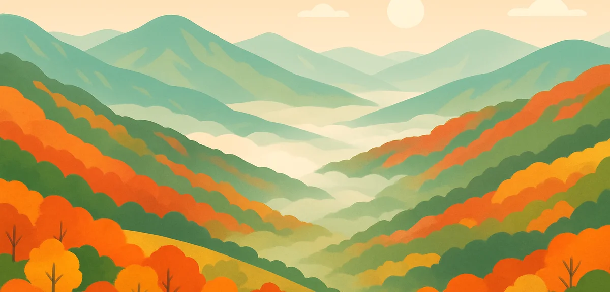 Panoramic aerial view of Tohoku mountain range in early autumn, patchwork of red orange and green fo