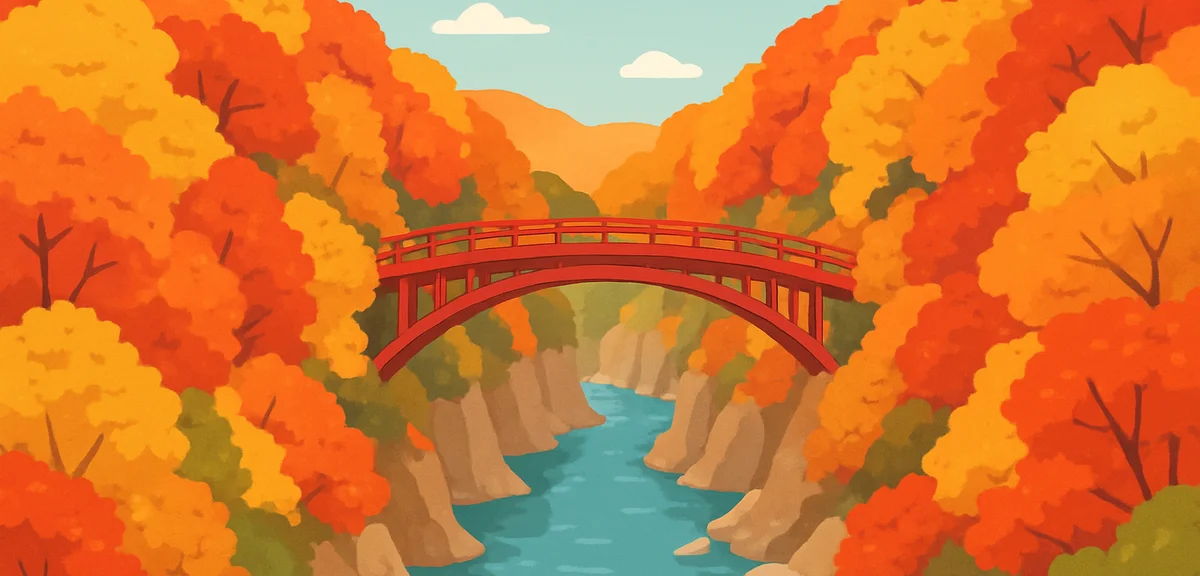 Naruko Gorge deep V-shaped valley in peak autumn, brilliant red and yellow foliage on cliffs, small 