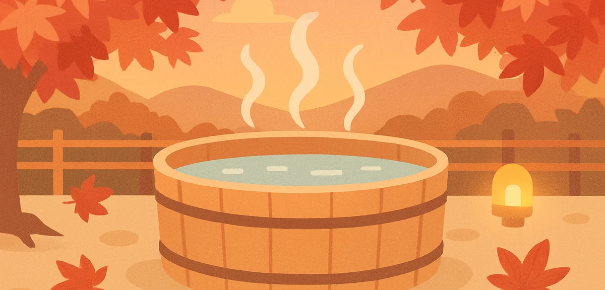 Traditional Japanese open-air onsen bath surrounded by red maple autumn leaves, steam rising, wooden