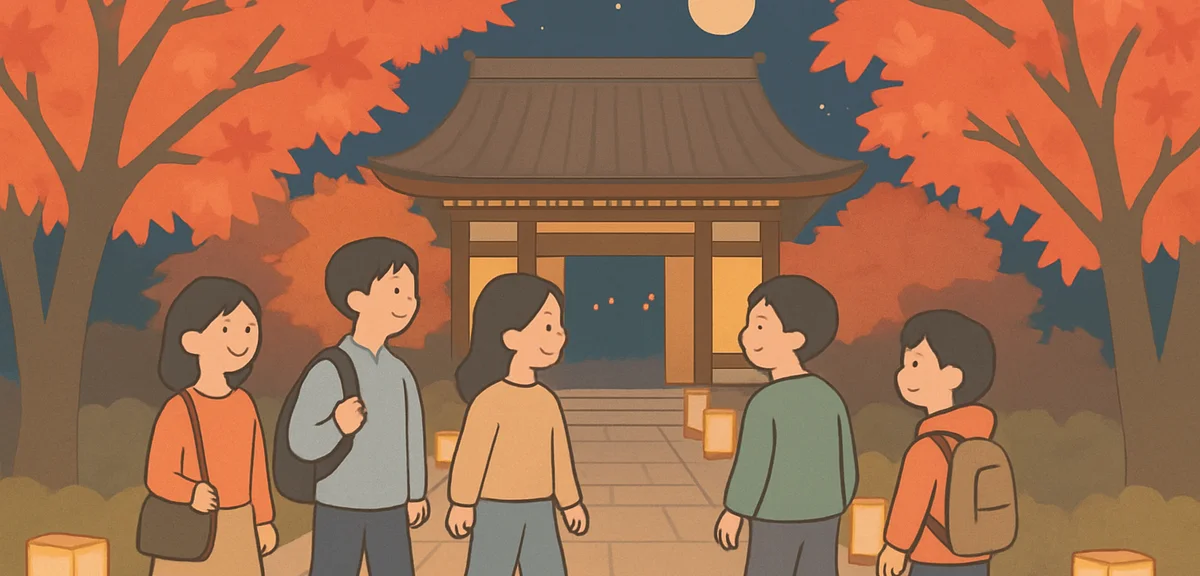 Crowd of visitors walking a lantern-lit temple path under spotlit crimson maple trees at night in Ja