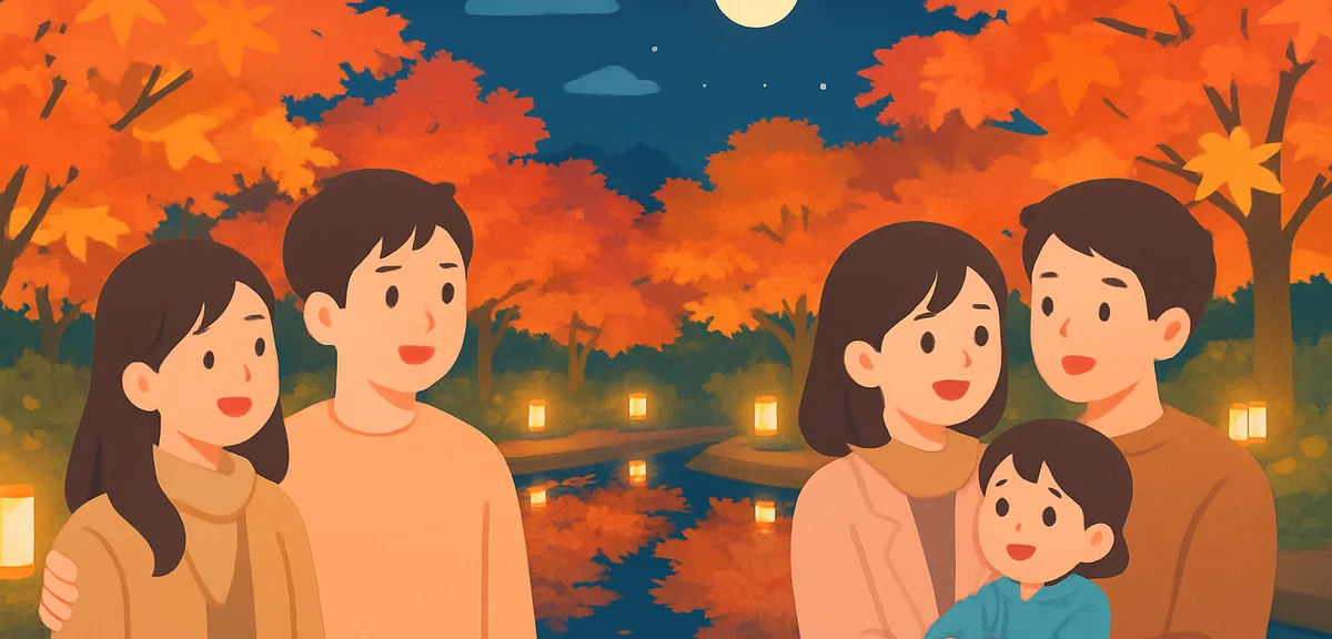 Family and couples enjoying an illuminated autumn garden at night, reflection of colorful maple foli