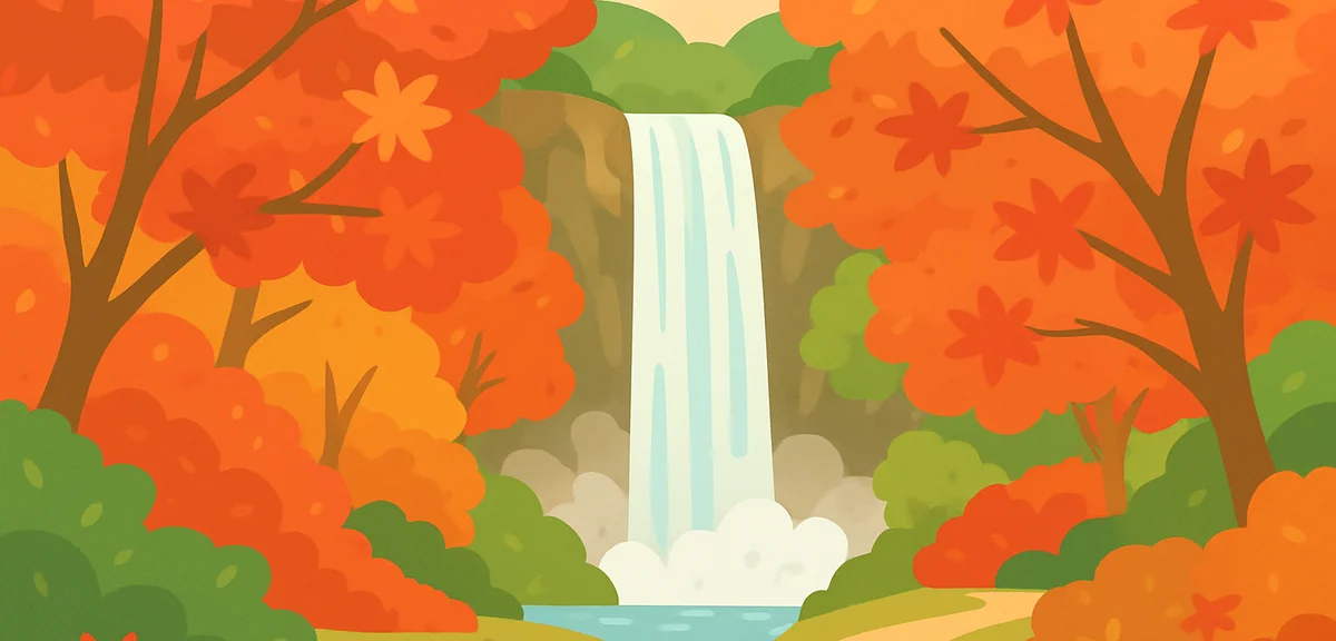 Minoo Otaki waterfall in Osaka surrounded by red and orange autumn maple foliage, mist rising, fores