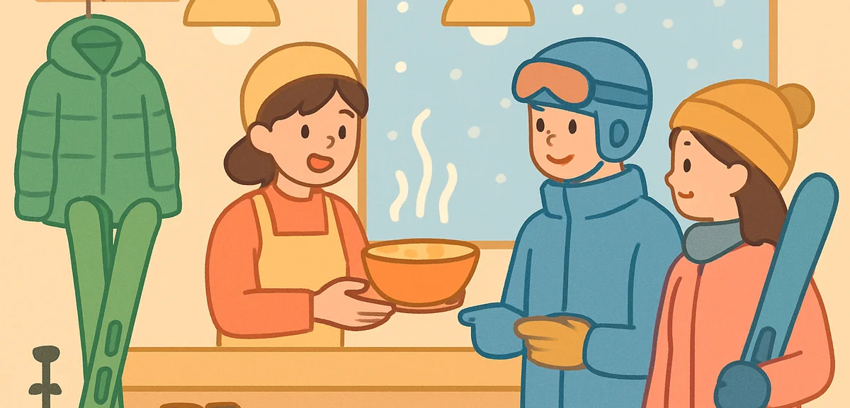 A young Japanese resort staff member working behind a ski resort restaurant counter serving hot food