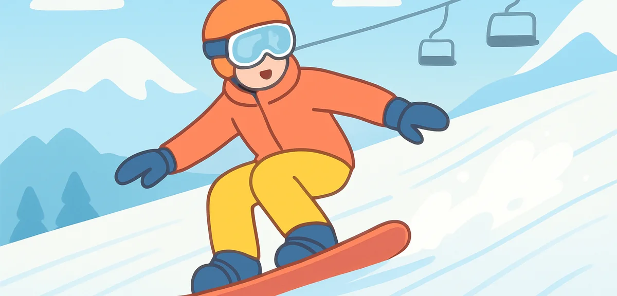 A snowboarder in colorful winter gear carving down a groomed ski slope on a day off, light powder sn