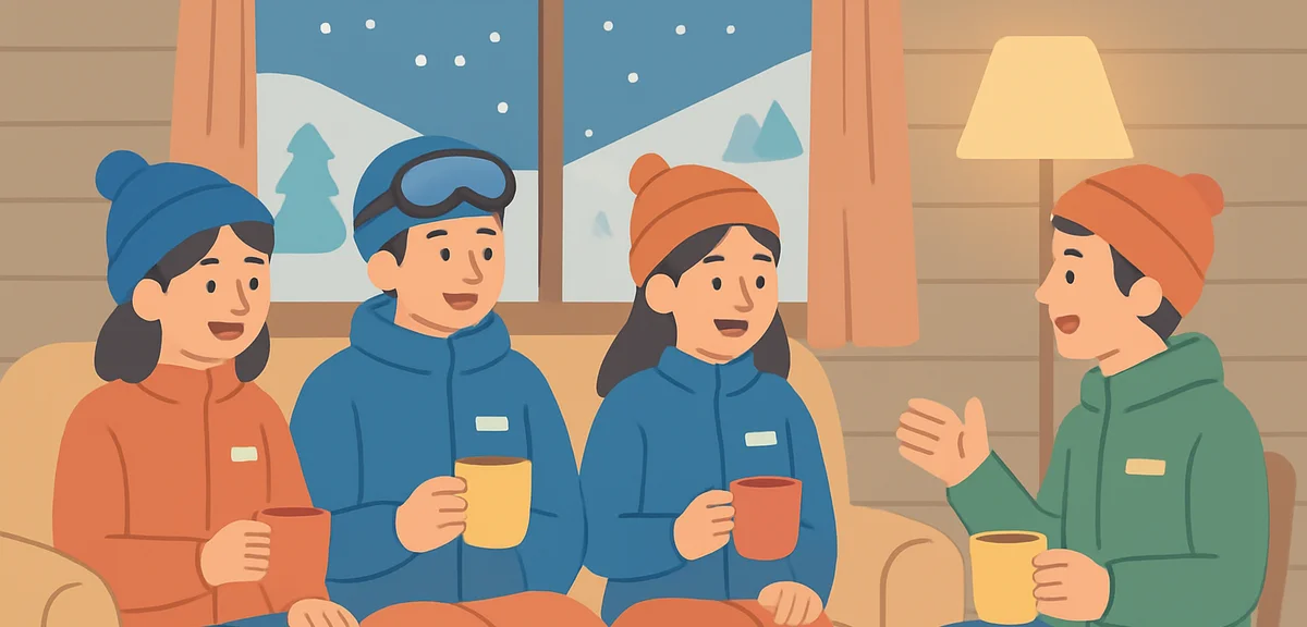 Several young ski resort staff members relaxing and chatting together in a cozy wooden dormitory lou