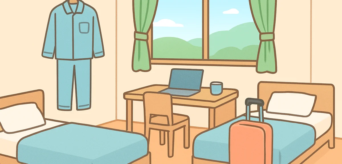 A tidy shared staff dormitory room at a Japanese resort, single beds, a suitcase and work uniform on