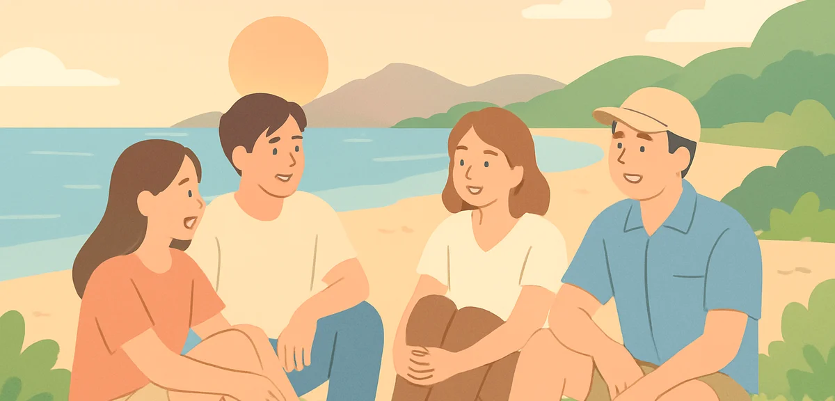 A group of young resort workers relaxing and chatting together near a beautiful Japanese coastline d