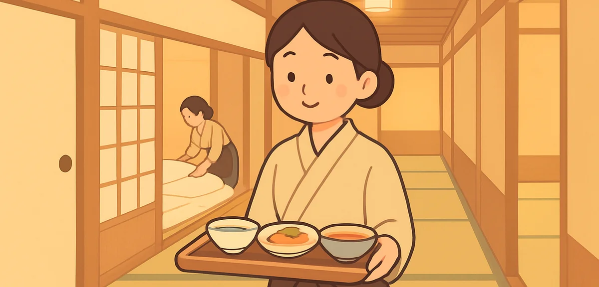 A young Japanese nakai staff member in a simple kimono-style uniform and apron carrying a tray of di