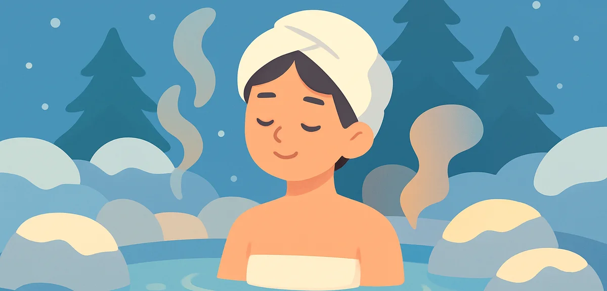 A relaxed young resort worker soaking in a quiet outdoor hot spring bath surrounded by snowy rocks a