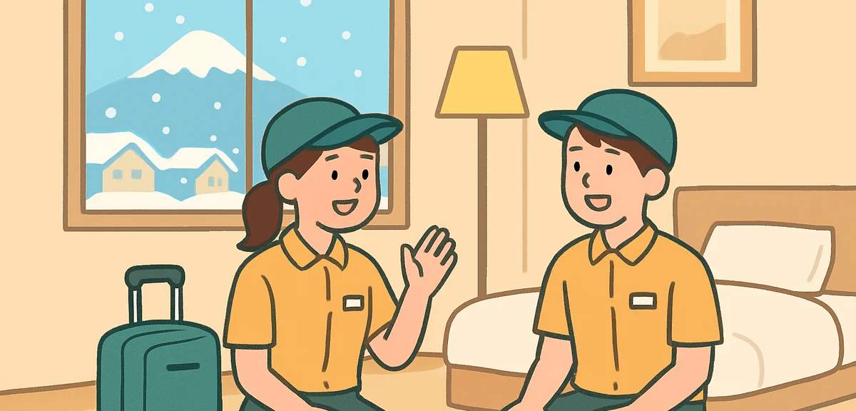 Two young seasonal workers chatting cheerfully in a simple shared dormitory room of a hot spring res