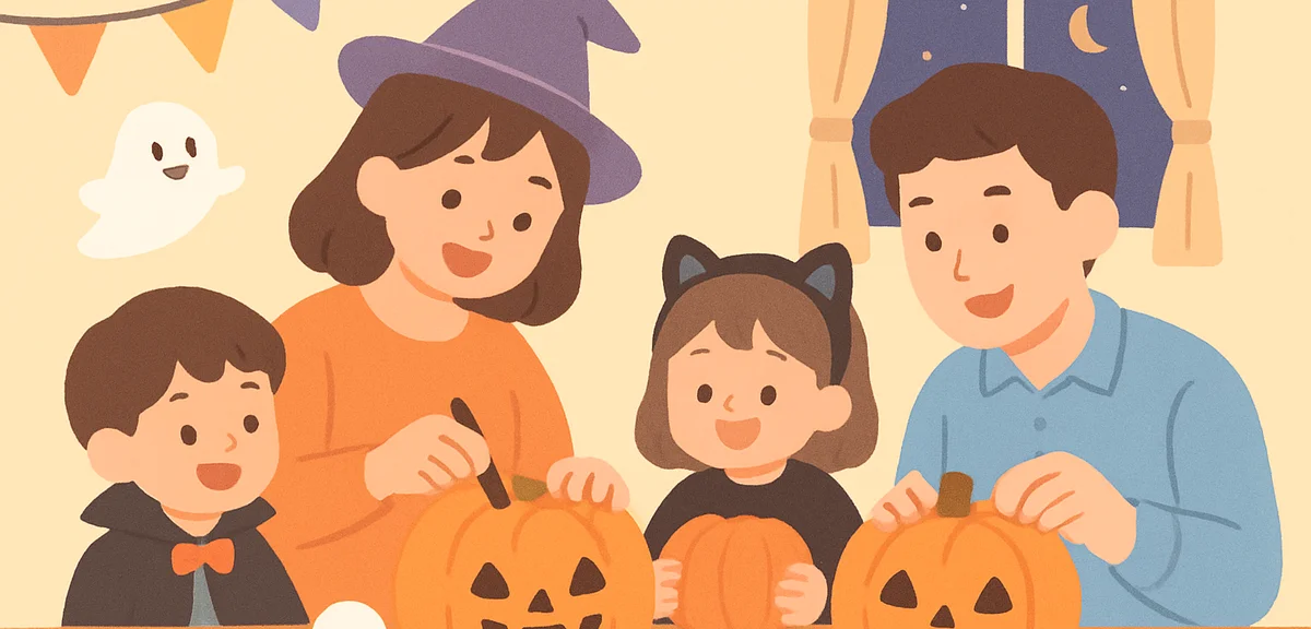 A family enjoying Halloween at home, parent and children in cute costumes carving pumpkins at a tabl