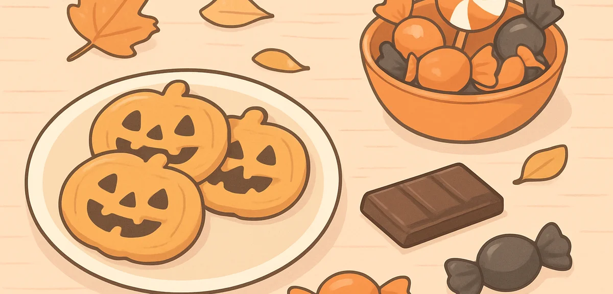 Assortment of homemade Halloween sweets and treats, pumpkin cookies, chocolate, candy in orange and 