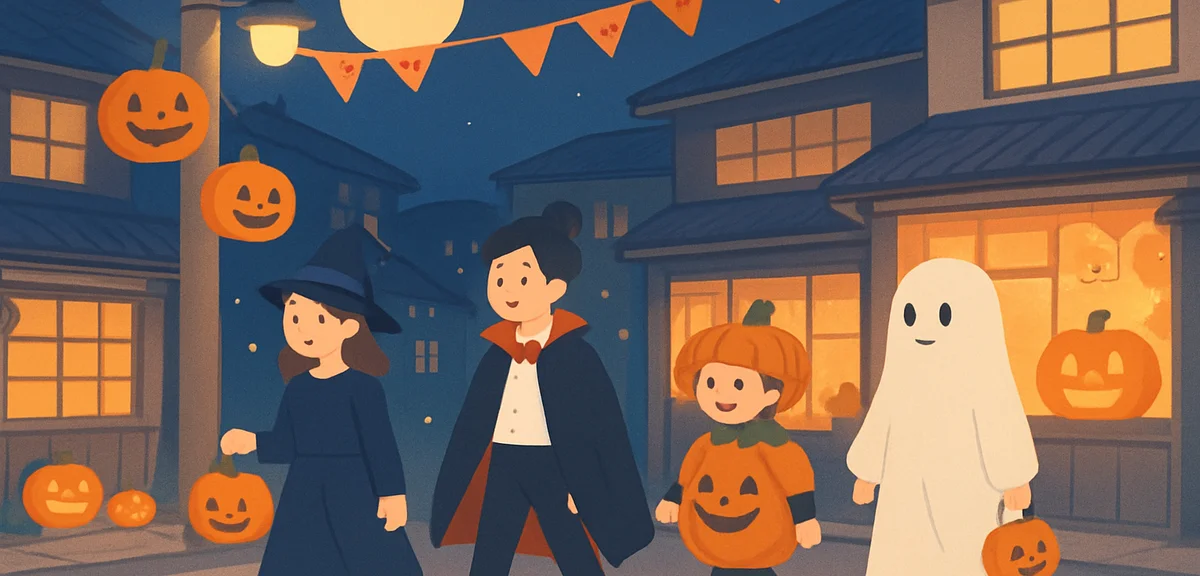 A lively but orderly Halloween street scene in Japan at night, people in costumes walking respectful