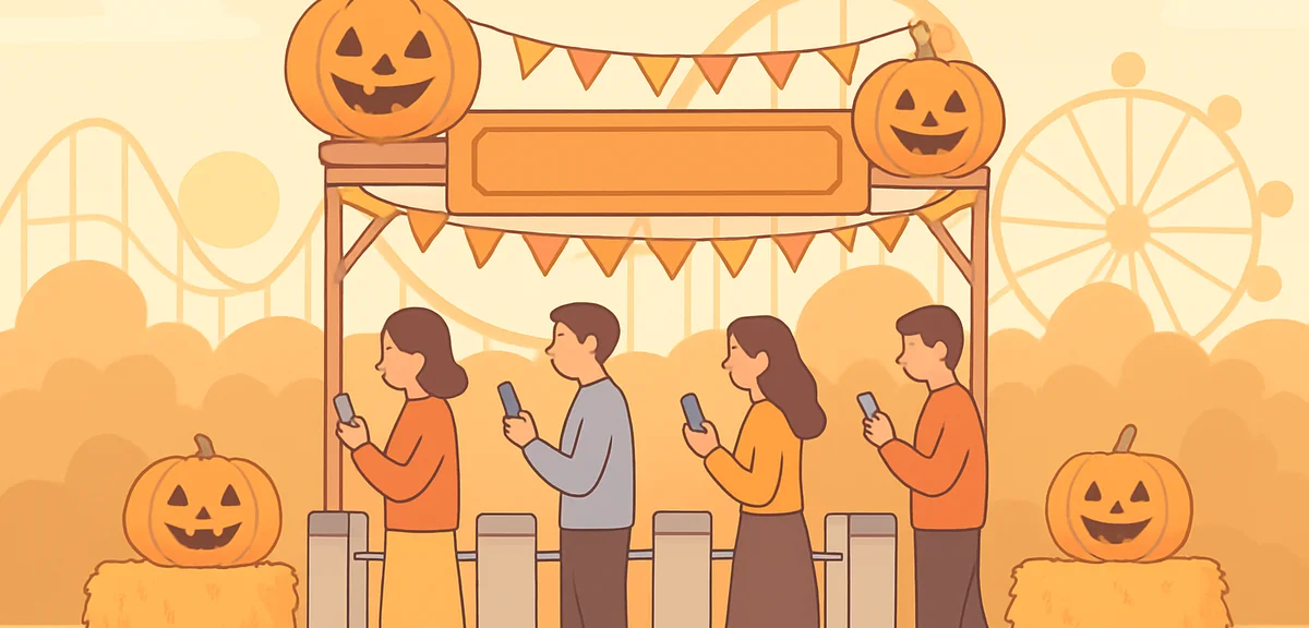 An early-morning entrance plaza of a generic amusement park decorated for Halloween, anonymous visit