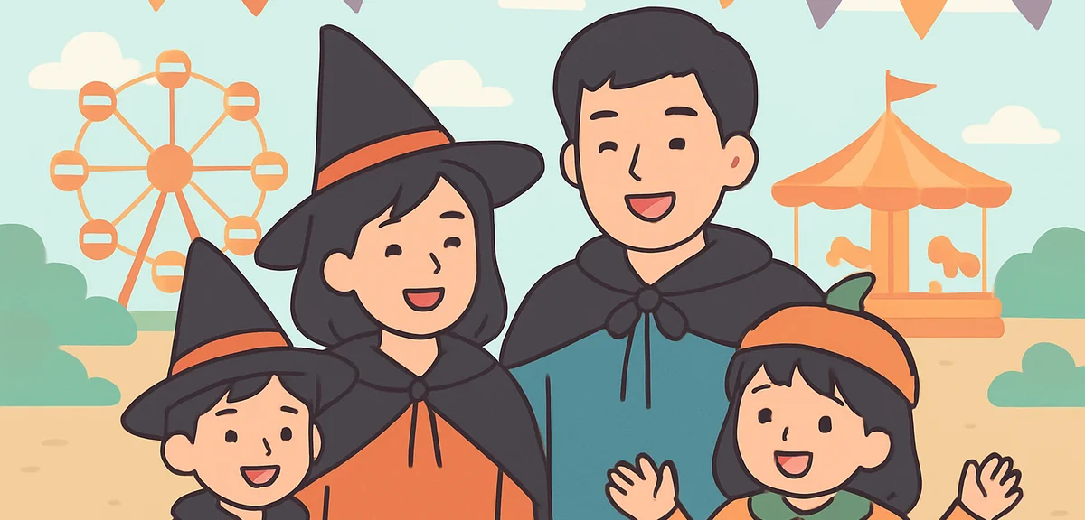 Close-up of a Japanese family and friends in simple homemade Halloween costumes such as witch hats a