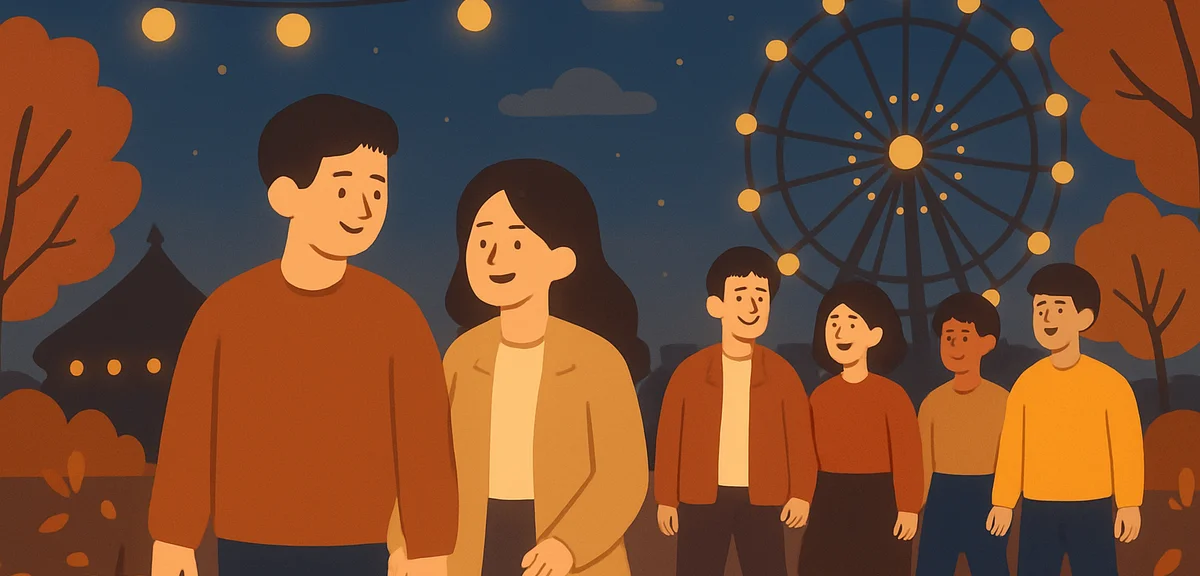 An evening scene at a generic amusement park during autumn, warm string lights and glowing pumpkin l