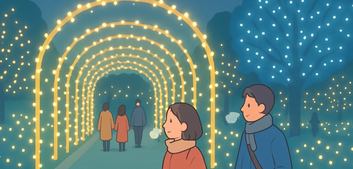 Wide nationwide Christmas illumination in a Japanese park, thousands of warm and blue LED lights for