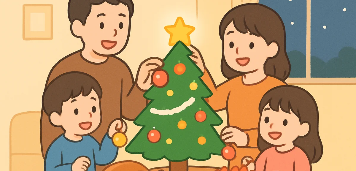 Cozy family Christmas at home in Japan, parents and children decorating a small Christmas tree, warm