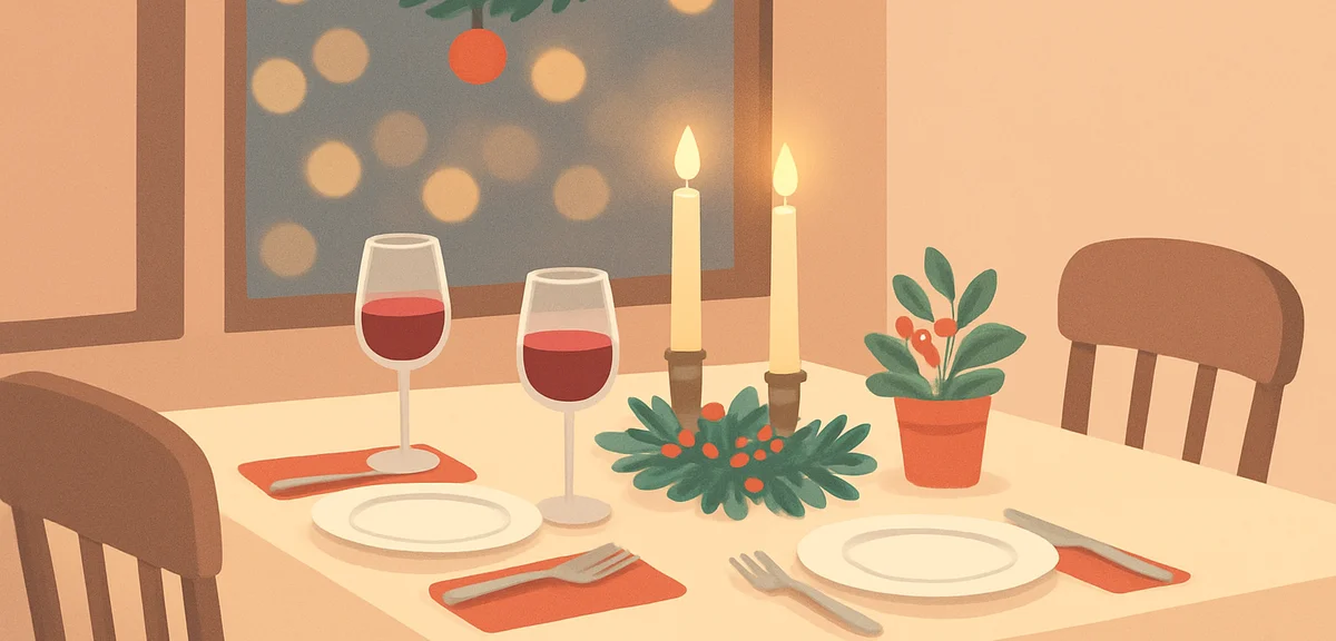 Elegant Christmas dinner table setting at a restaurant, candles, wine glasses, seasonal decorations,