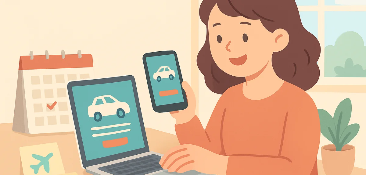Close-up of a person booking a rental car on a laptop and smartphone at home, calendar and travel no
