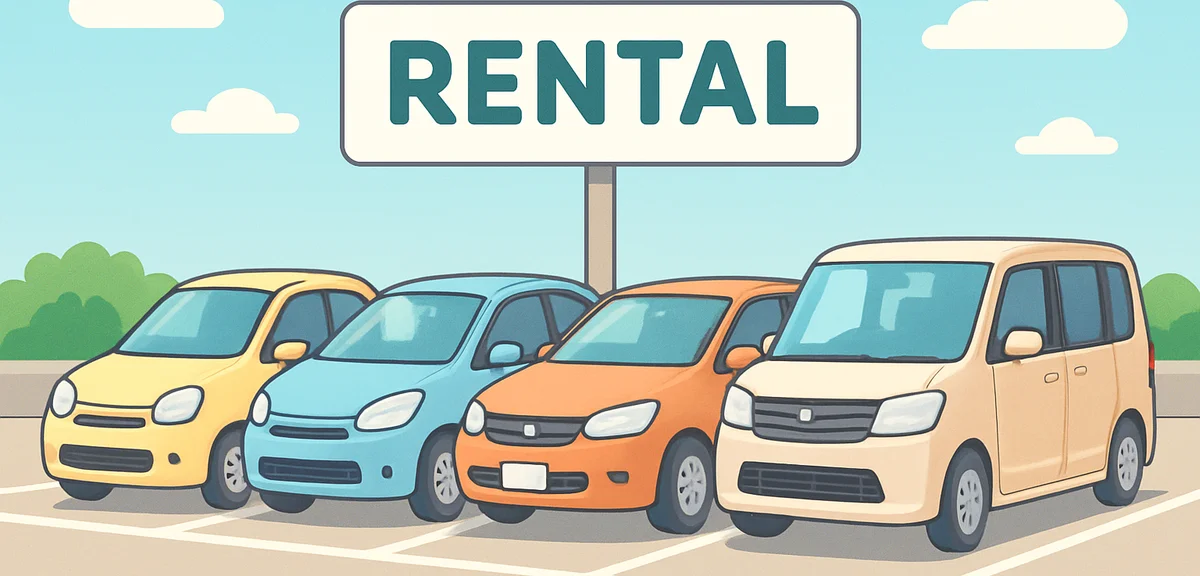 A neat row of various rental cars from compact to minivan parked in a clean Japanese rental lot, spr