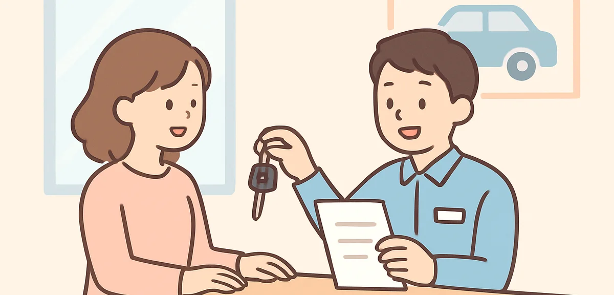 A staff member handing car keys and explaining paperwork to a customer at a rental car counter, smoo