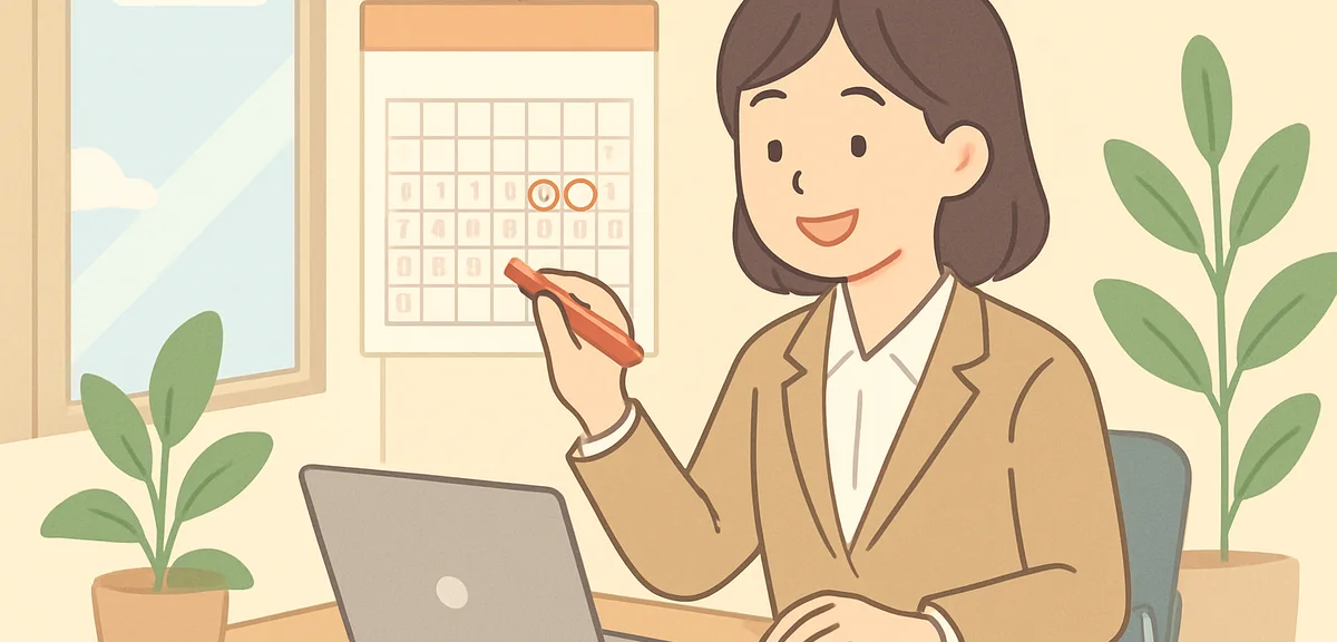 A Japanese office worker at a tidy desk in spring, smiling while marking Golden Week dates on a wall