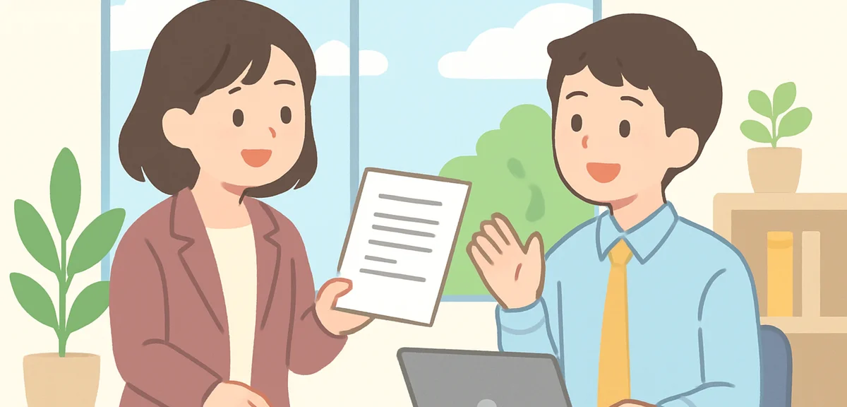 Two Japanese coworkers having a friendly conversation in a bright modern office, one handing over a