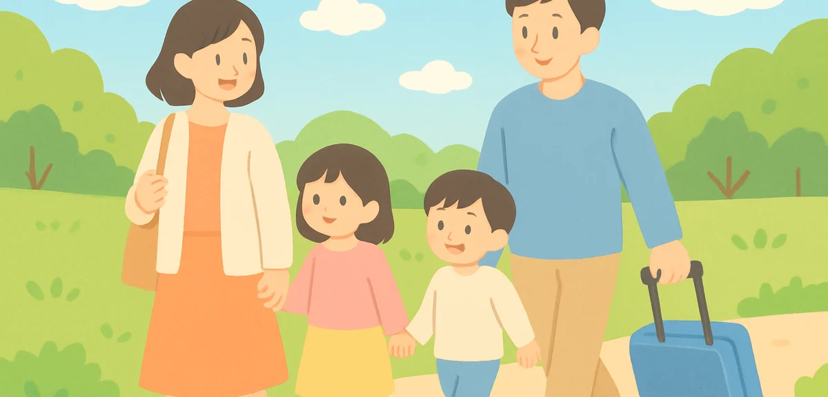 A relaxed Japanese family walking along a green countryside path in early May with fresh foliage and
