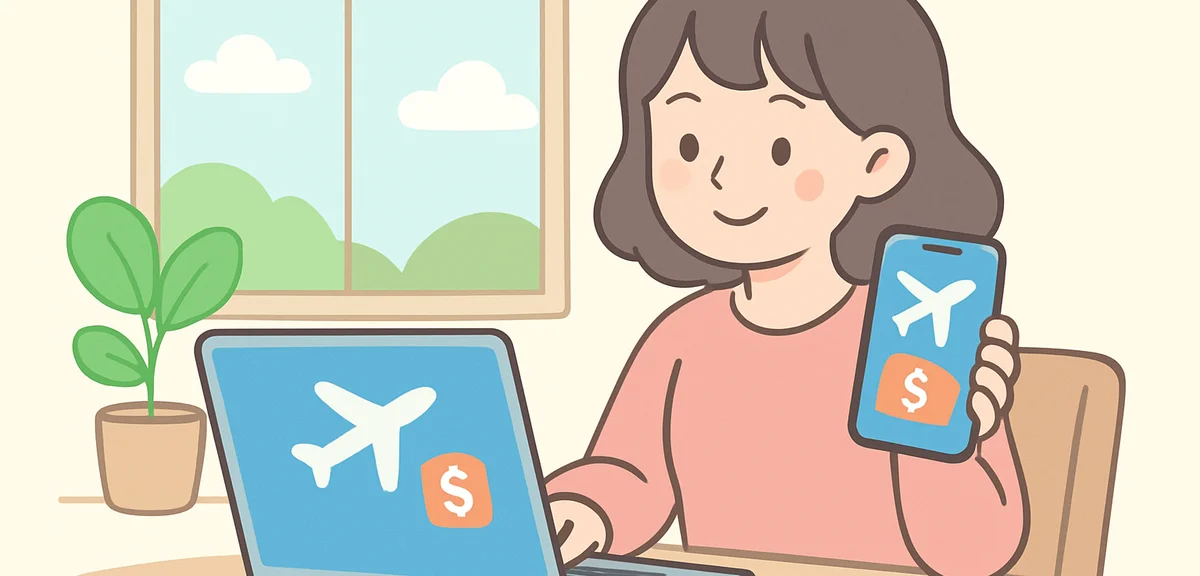 Traveler comparing flight prices on a laptop and smartphone at home, airfare booking, natural light