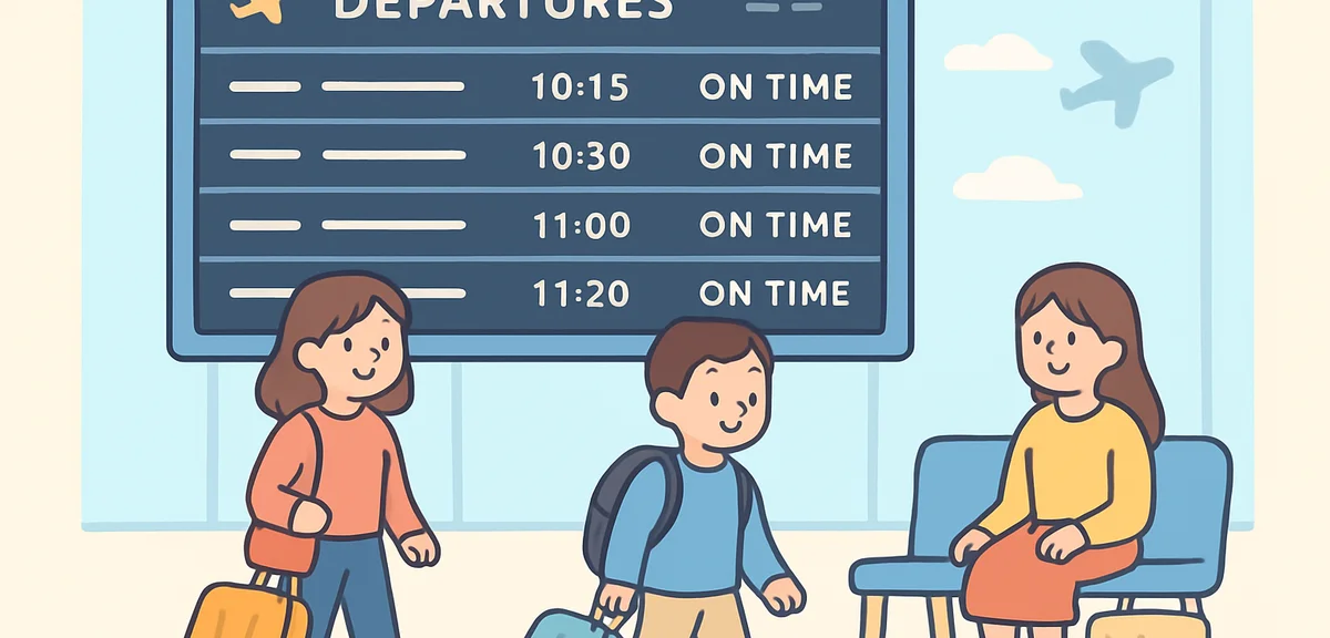 Airport departure board showing multiple domestic flights, travelers with luggage in the terminal