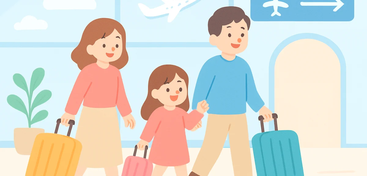 Family with suitcases walking toward a boarding gate, spring holiday domestic trip, bright airport i