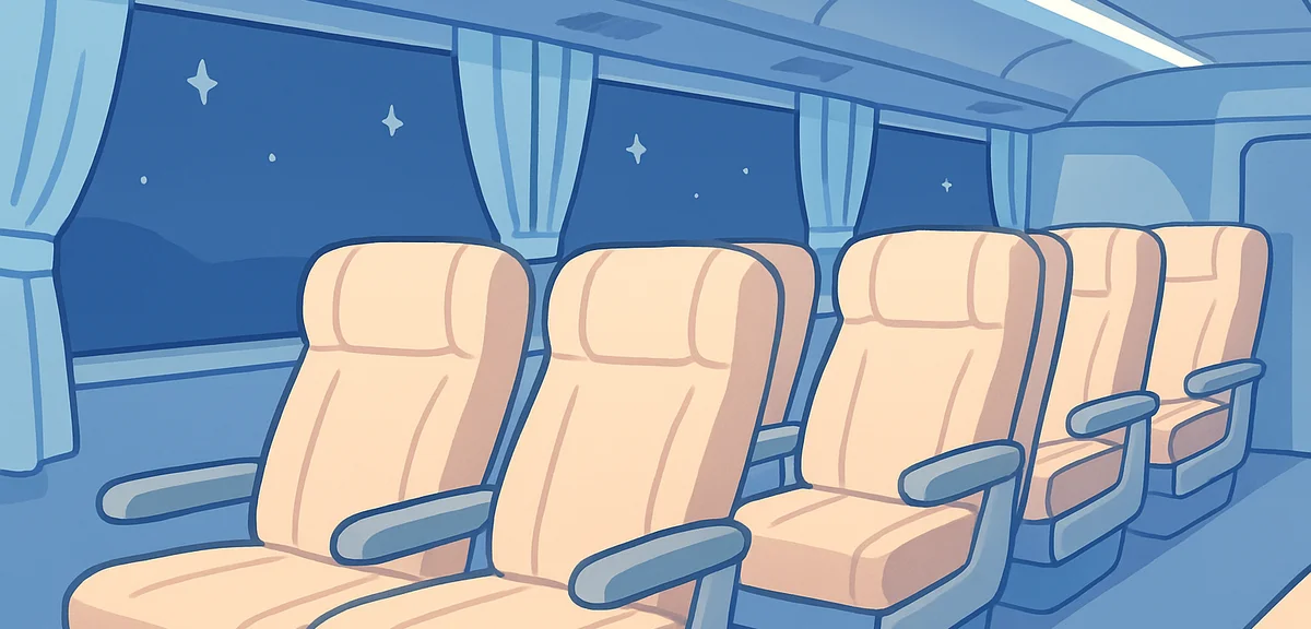 Interior of a modern Japanese long-distance night bus with three-abreast reclining seats and individ