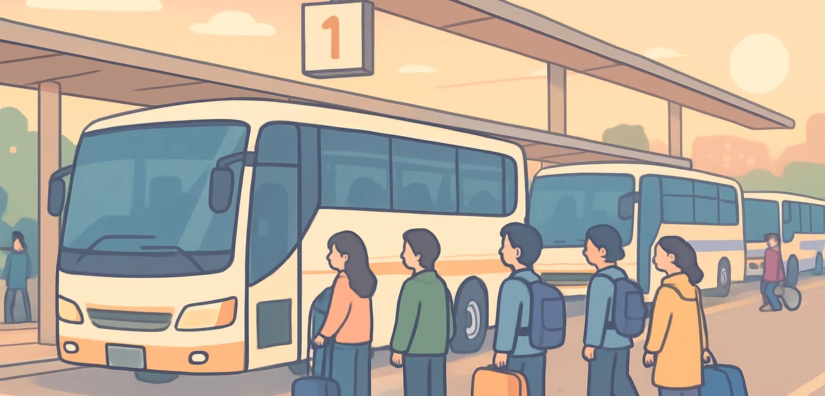 A busy highway bus terminal in Japan in the early evening with several express coaches lined up at b