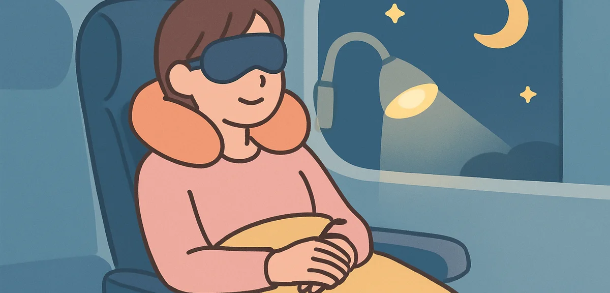A traveler resting comfortably in a reclined night bus seat wearing a neck pillow and eye mask, a sm