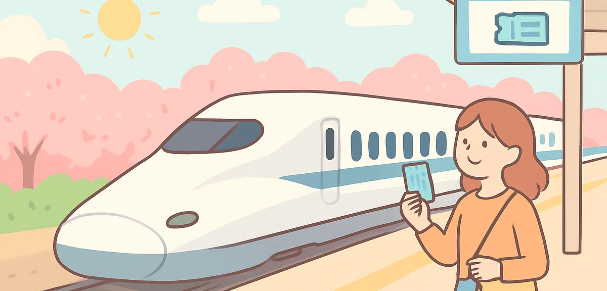 Japanese Shinkansen bullet train departing a station platform in spring, ticket reservation concept,