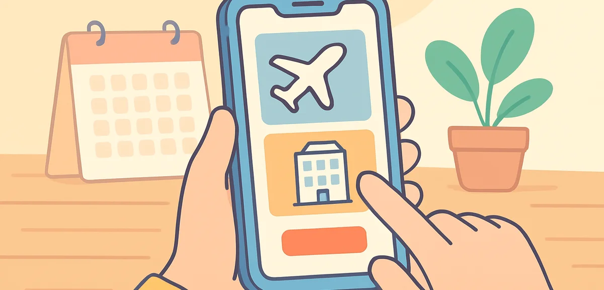 Smartphone showing a travel booking app with airplane and hotel icons, hands holding phone at a wood