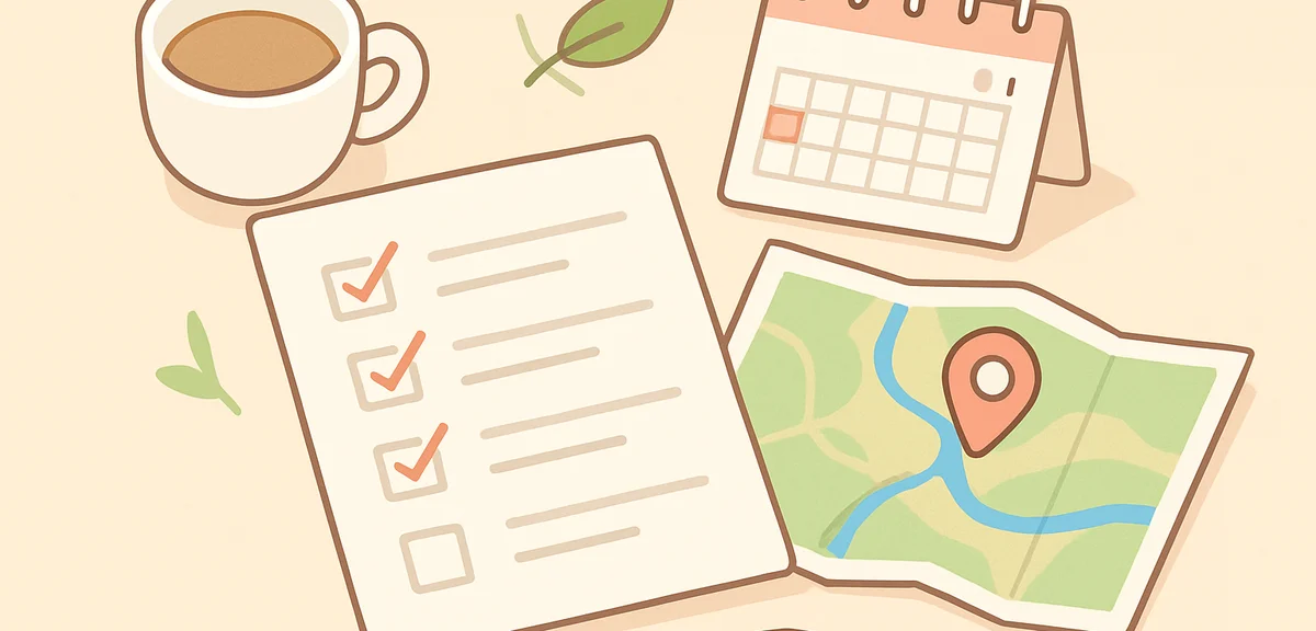 Neatly organized travel planning desk with a printed checklist, map, coffee cup and calendar marking