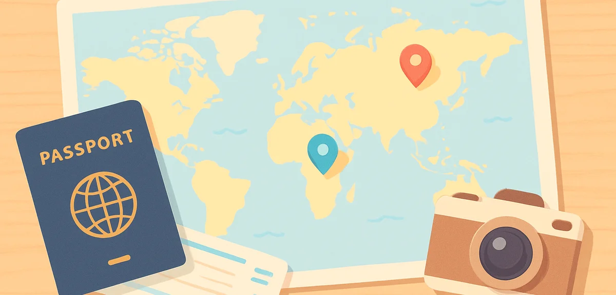 A world map on a wooden table with a passport, boarding pass and a small camera, colorful pins marki