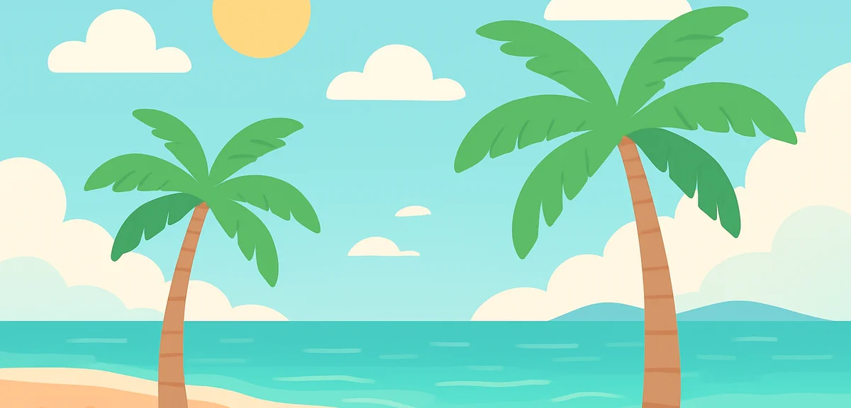 A scenic tropical beach with palm trees and calm turquoise water under a bright May sky, relaxed vac