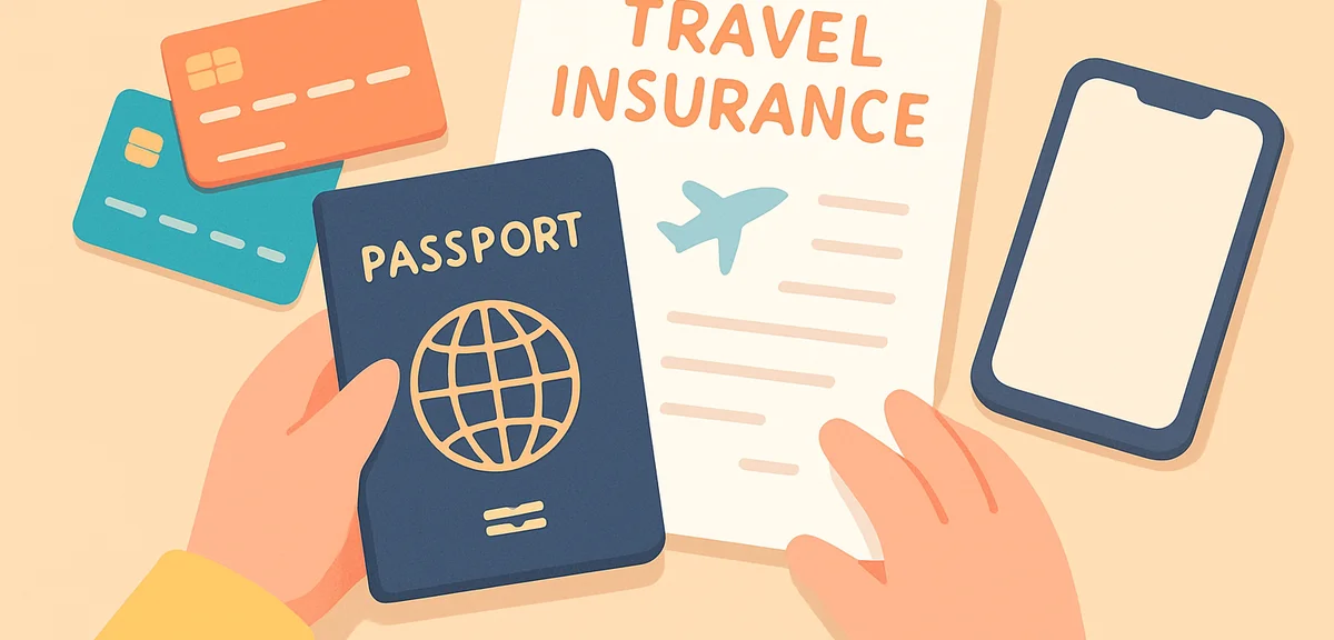 Close-up of hands organizing travel essentials on a desk: passport, travel insurance document, sever