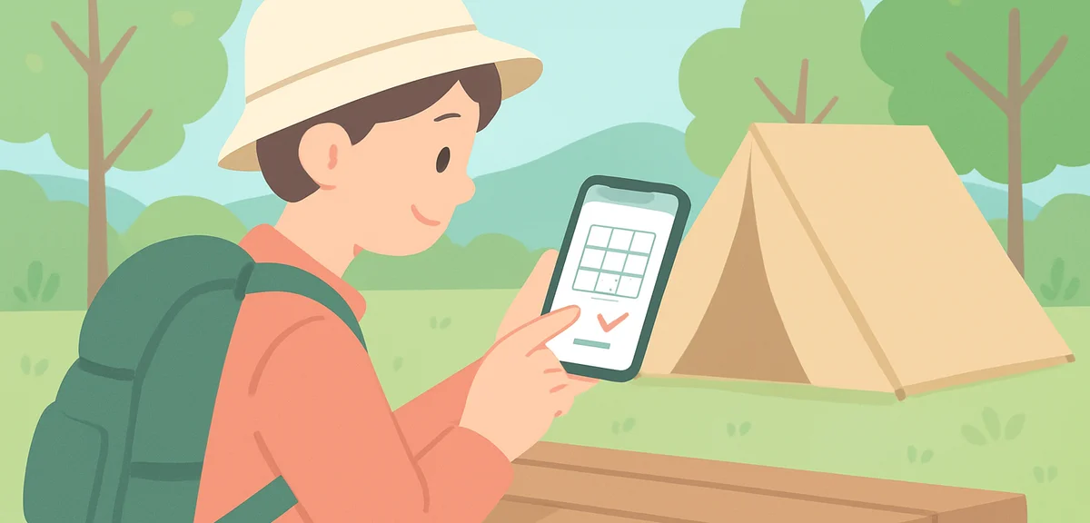 A camper checking a reservation calendar on a smartphone at a wooden picnic table beside a tent, spr