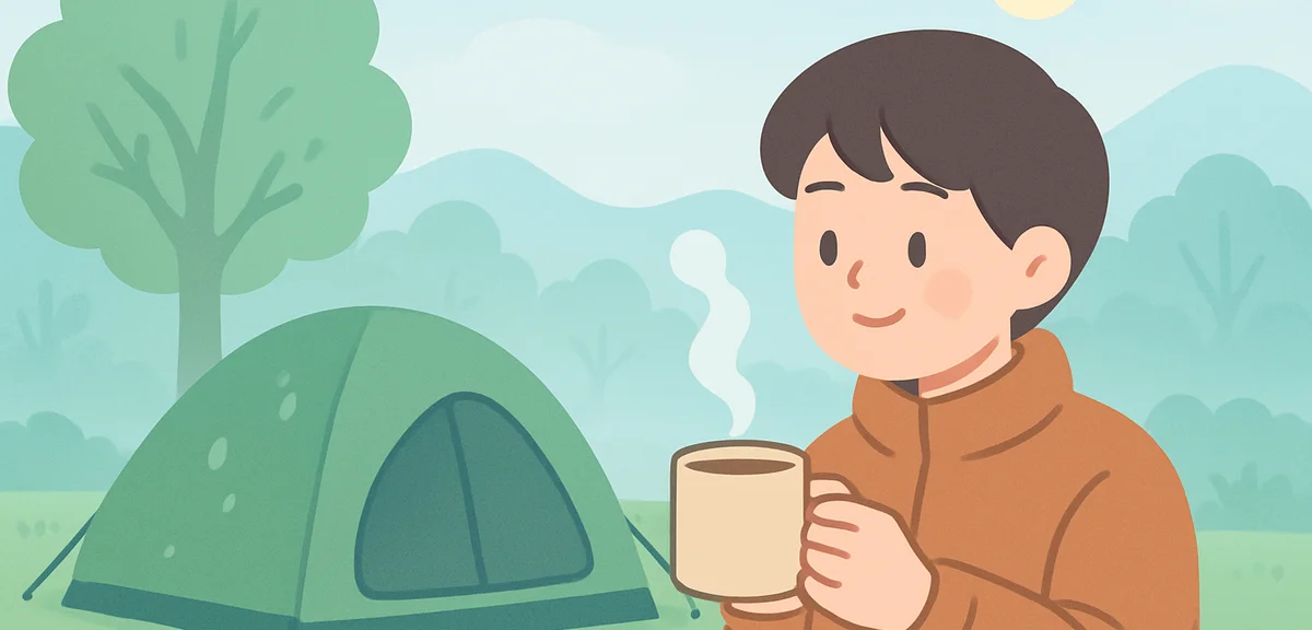 Early morning mist over a Japanese spring campsite, dew on a green tent, a person wearing a warm fle
