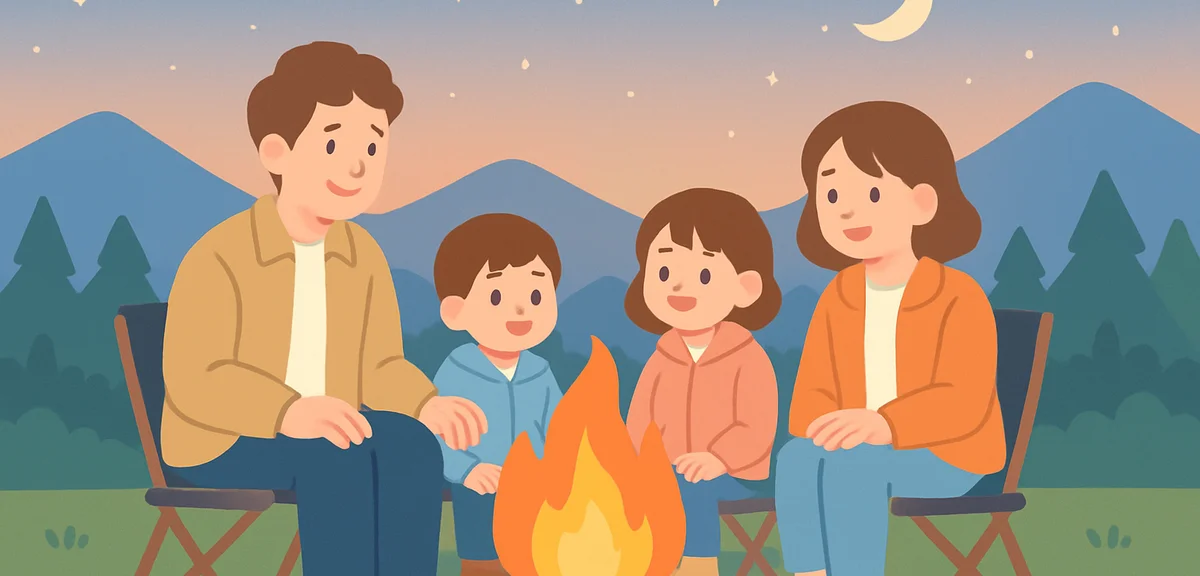 A family relaxing around a campfire at dusk in early May, warm orange firelight, children in light j